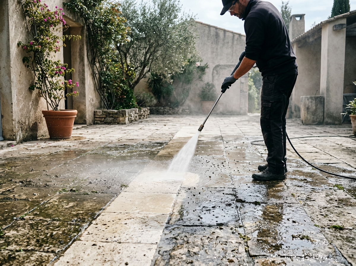 Lavaggio ad alta pressione di un cortile in pietra